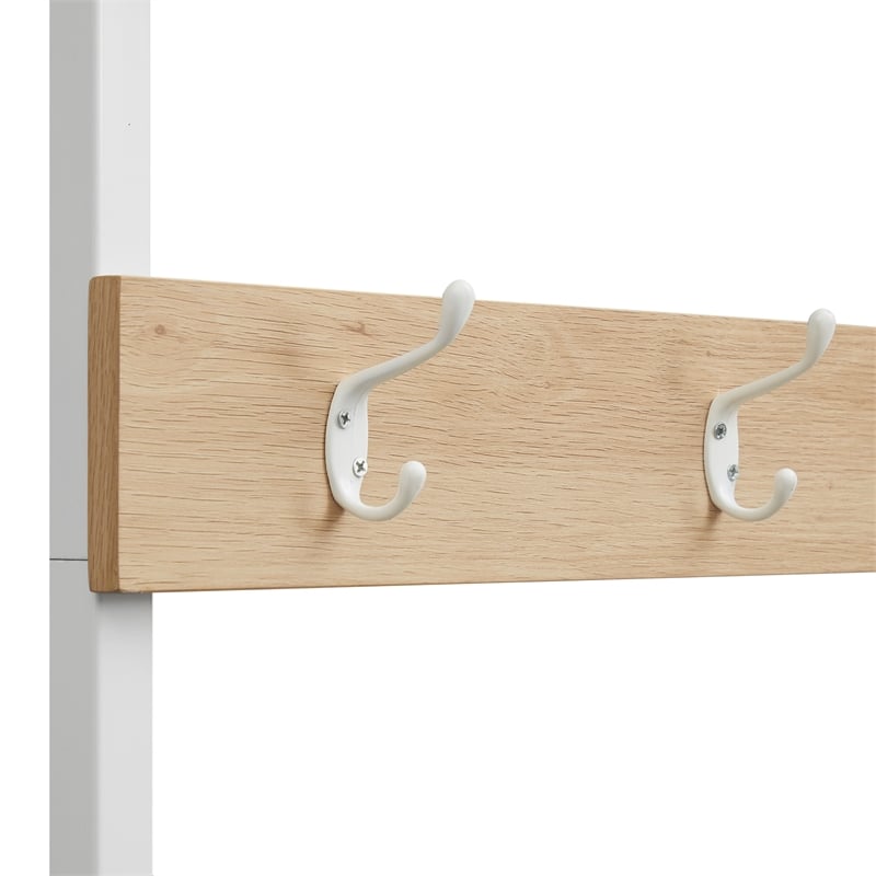 Linon Larkin White Metal Hall Tree 11 Hooks and 2 Shelves in Natural Wood