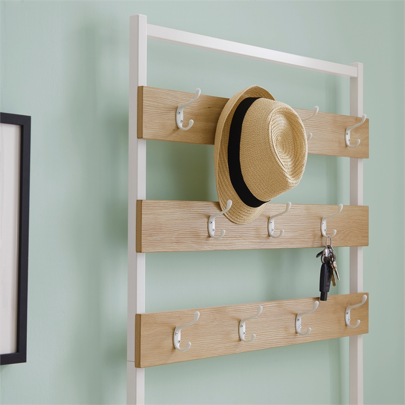 Linon Larkin White Metal Hall Tree 11 Hooks and 2 Shelves in Natural Wood