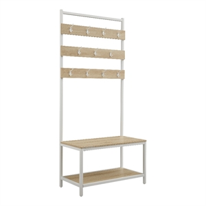 Linon Larkin White Metal Hall Tree 11 Hooks and 2 Shelves in Natural Wood