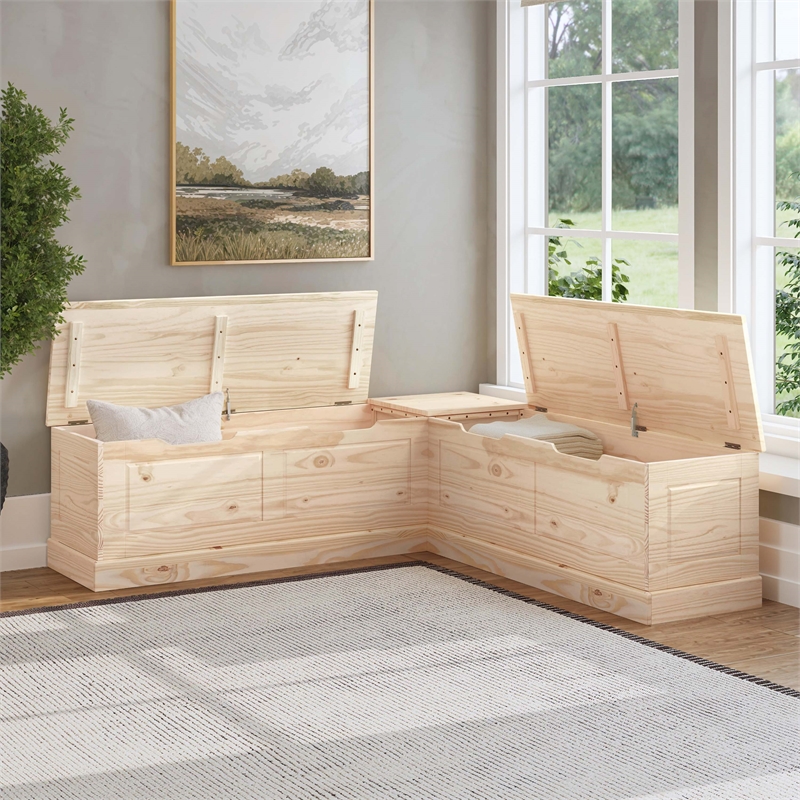 Linon Troyin Rustic Backless Corner Nook with Storage in Solid Unfinished Pine