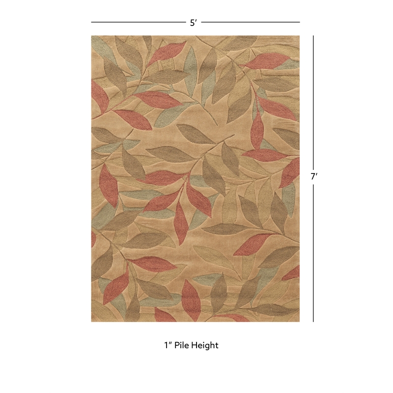 Linon Trio Leaves Polyester 5'x7' Area Rug in Beige
