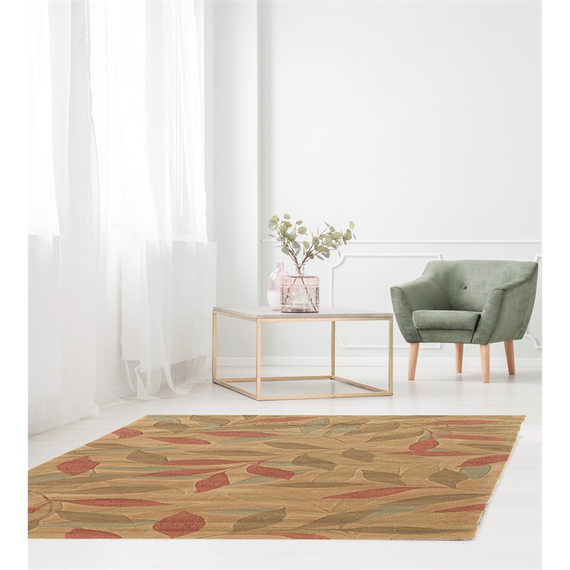 Linon Trio Leaves Polyester 5'x7' Area Rug in Beige