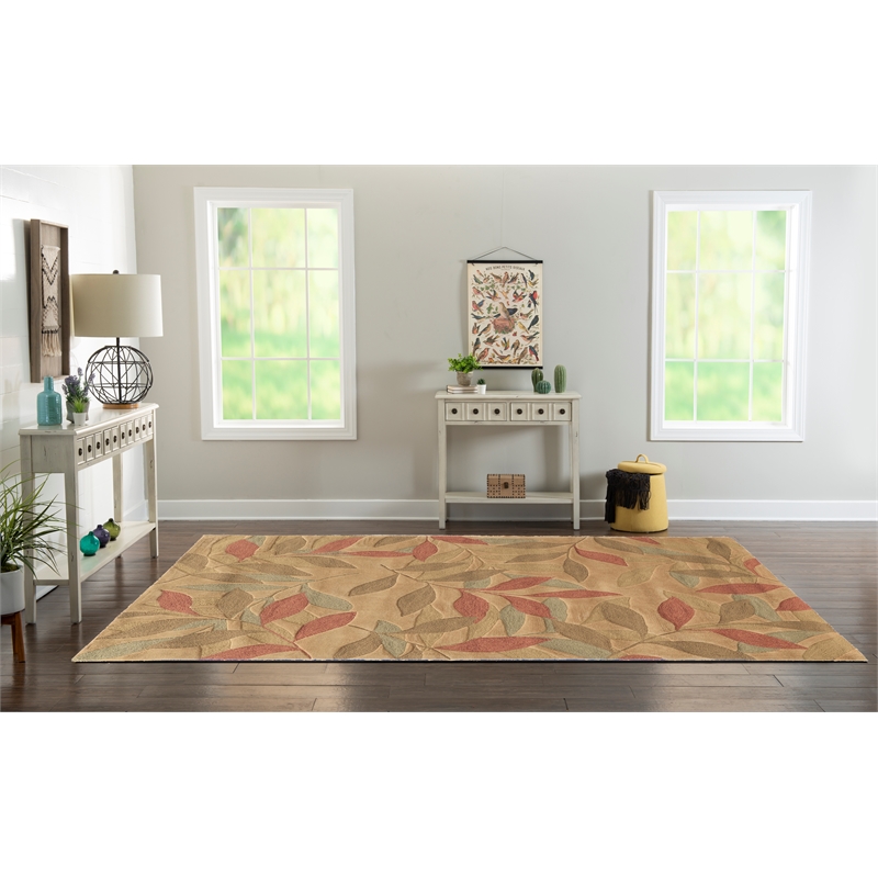 Linon Trio Leaves Polyester 8'x10' Area Rug in Beige