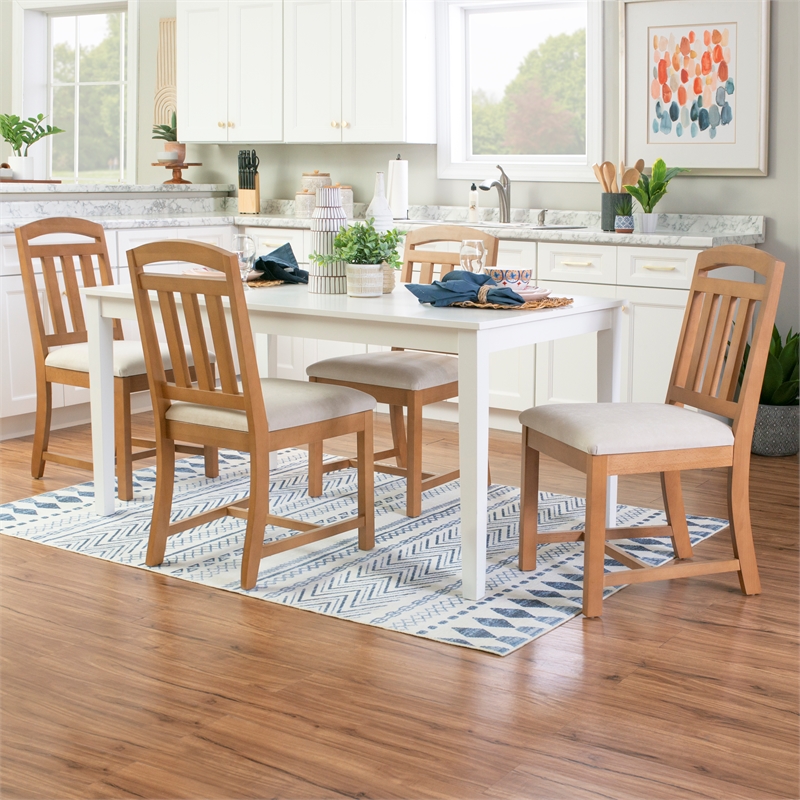 Linon Wiley Set of Two Slat Back Side Chairs Cream Padded Seats in Brown Wood