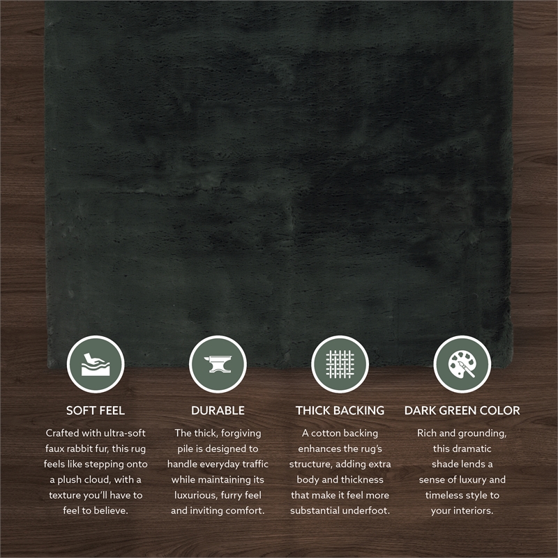 Linon Maven Faux Rabbit 3' x 5' Accent Rug in Dark Green