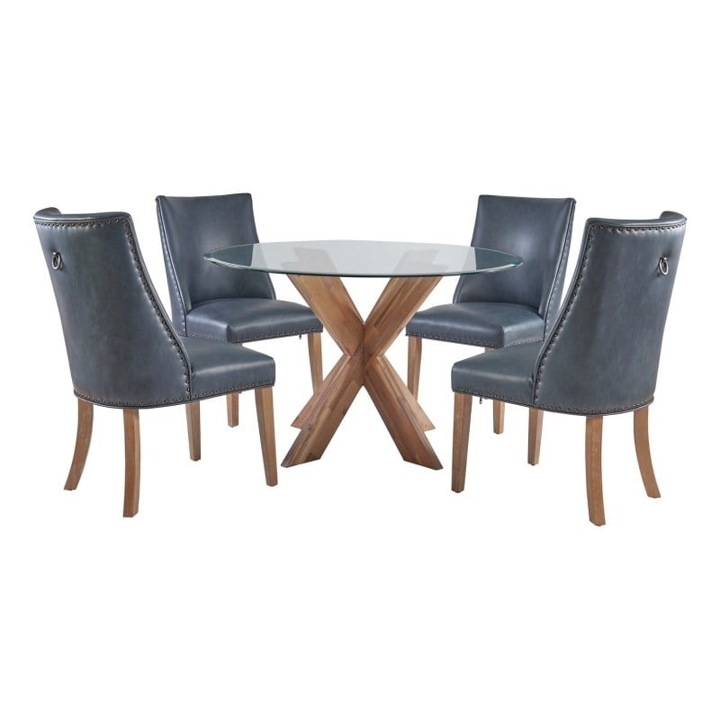 Linon Hale 5 Pce Dining Set Round Glass Table in Navy Faux Leather/Natural Wood