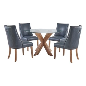 Linon Hale 5 Pce Dining Set Round Glass Table in Navy Faux Leather/Natural Wood