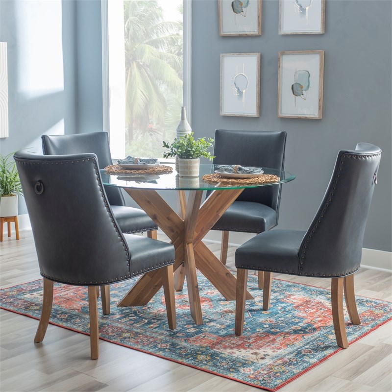 Linon Hale 5 Pce Dining Set Round Glass Table in Navy Faux Leather/Natural Wood