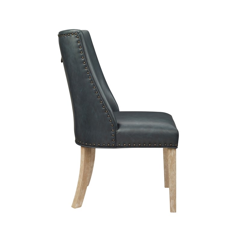 Linon Hale 5 Pce Dining Set Round Glass Table in Navy Faux Leather/Natural Wood