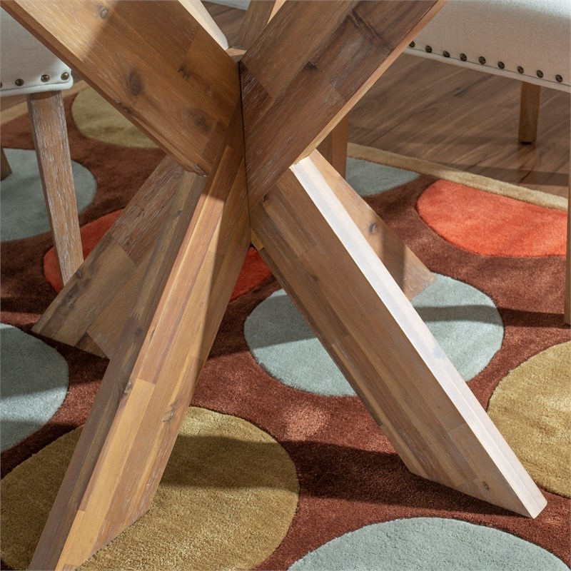 Linon Hale 5 Pce Dining Set Round Glass Table in Navy Faux Leather/Natural Wood