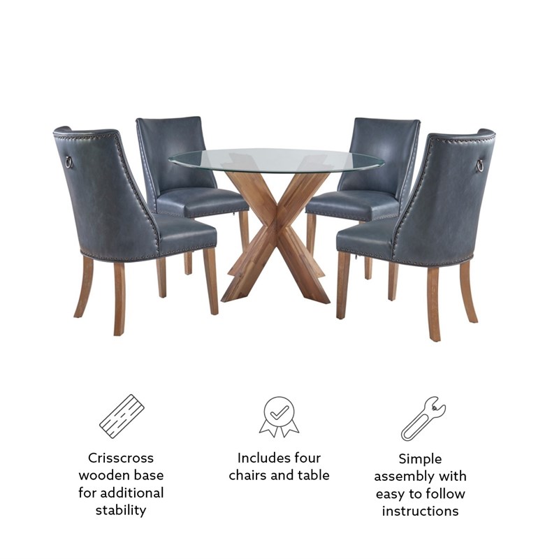 Linon Hale 5 Pce Dining Set Round Glass Table in Navy Faux Leather/Natural Wood