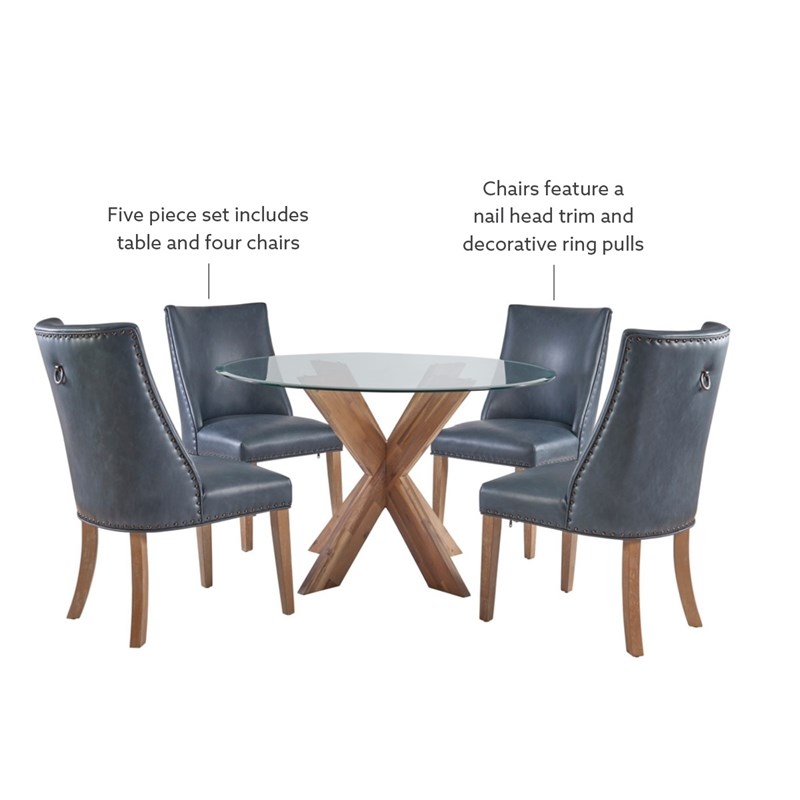 Linon Hale 5 Pce Dining Set Round Glass Table in Navy Faux Leather/Natural Wood