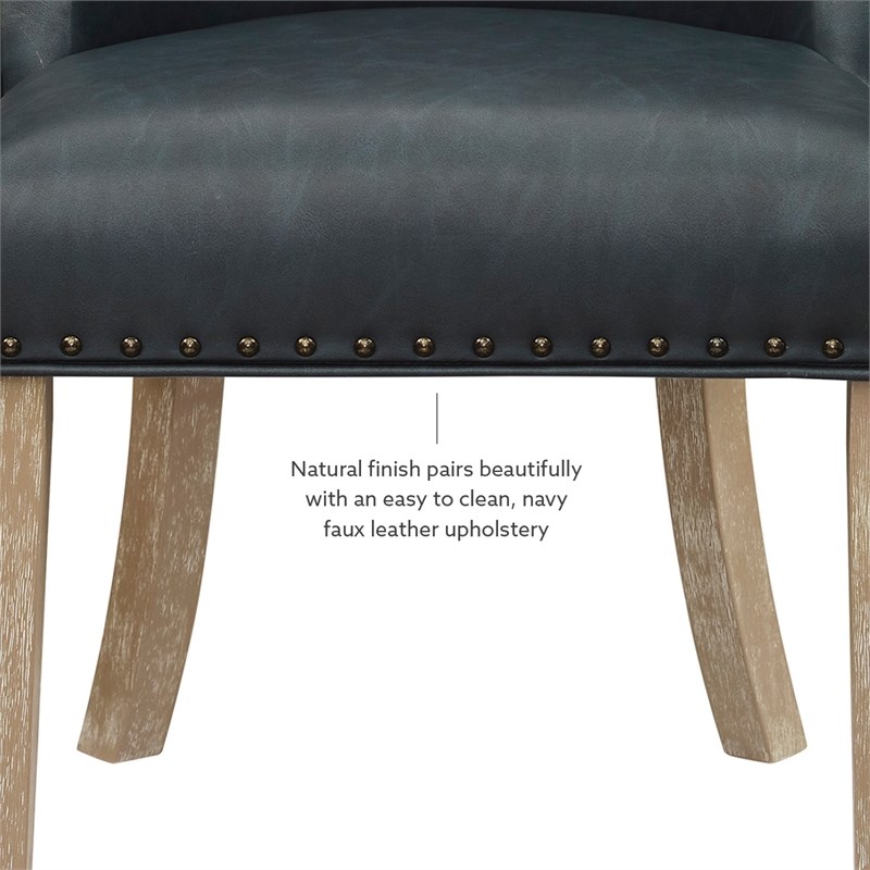 Linon Hale 5 Pce Dining Set Round Glass Table in Navy Faux Leather/Natural Wood