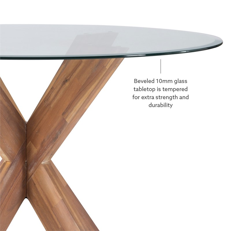 Linon Hale 5 Pce Dining Set Round Glass Table in Navy Faux Leather/Natural Wood