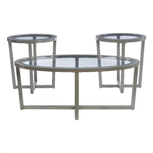 linon lamar 3 piece wood coffee & end table set glass top in metallic sandstone