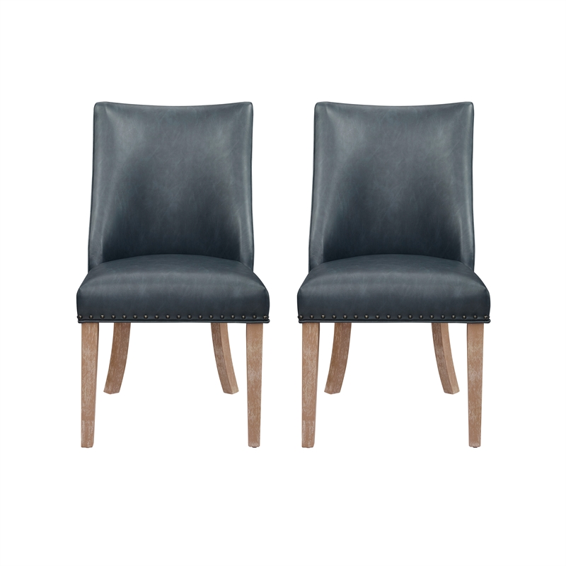 Linon Hale Set of 2 Navy Blue Faux Leather Dining Chairs with Natural Wood Legs
