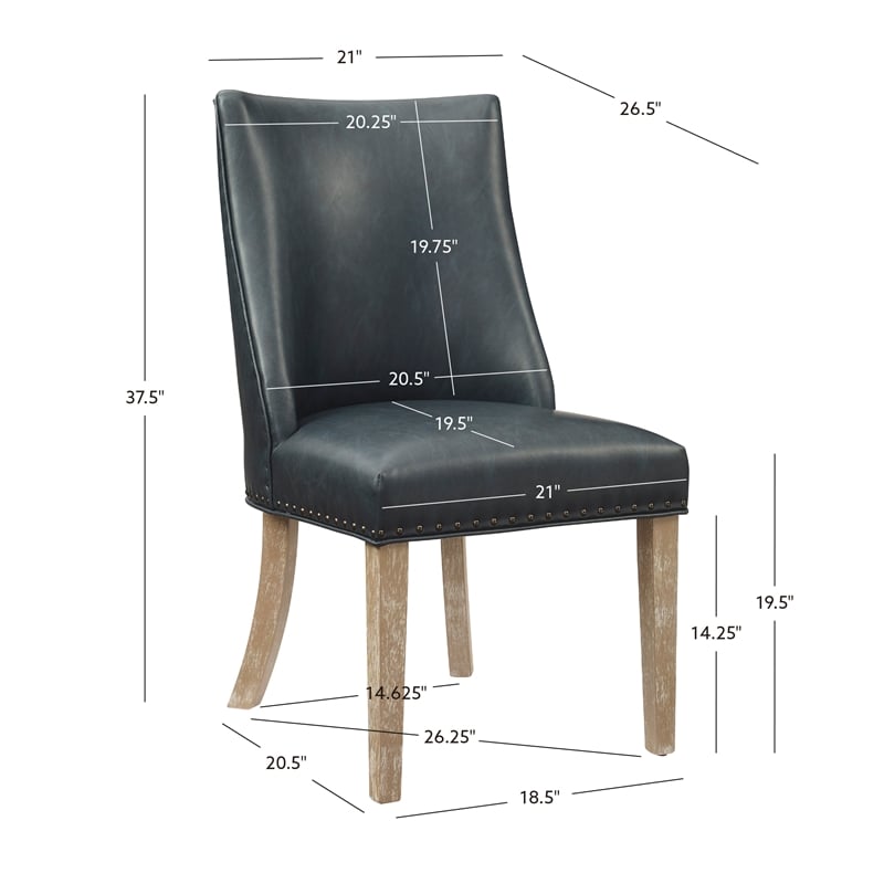 Linon Hale Set of 2 Navy Blue Faux Leather Dining Chairs with Natural Wood Legs