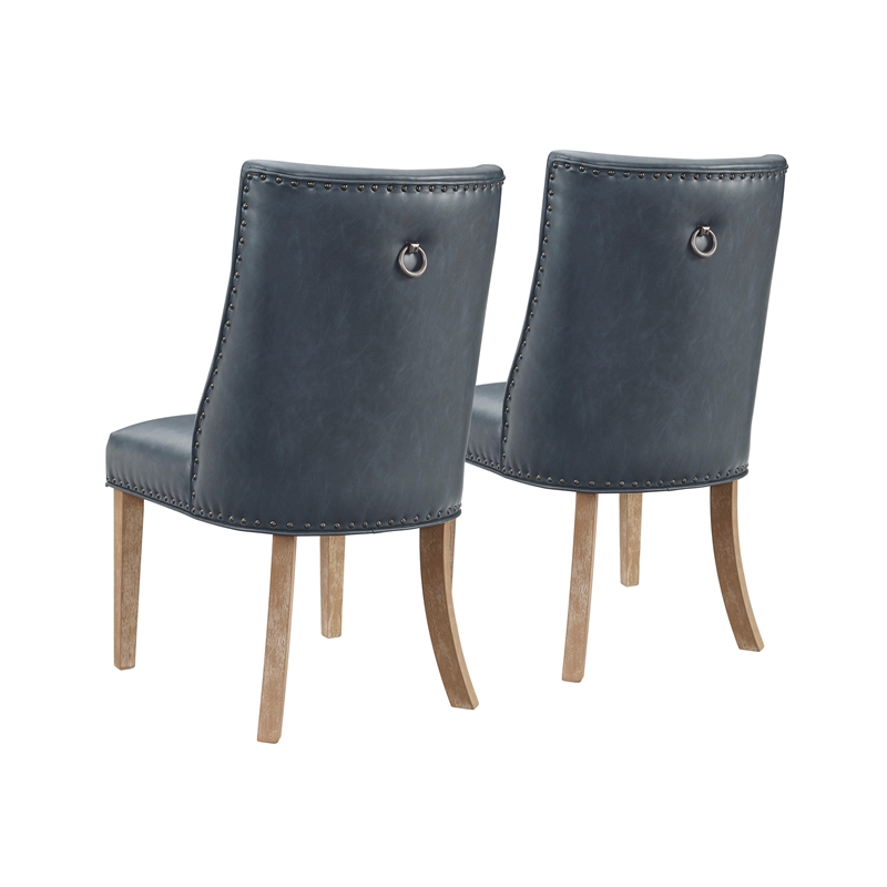 Linon Hale Set of 2 Navy Blue Faux Leather Dining Chairs with Natural Wood Legs