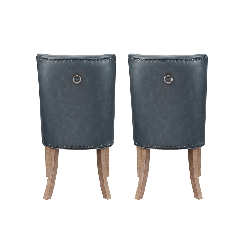 Linon Hale Set of 2 Navy Blue Faux Leather Dining Chairs with Natural Wood Legs