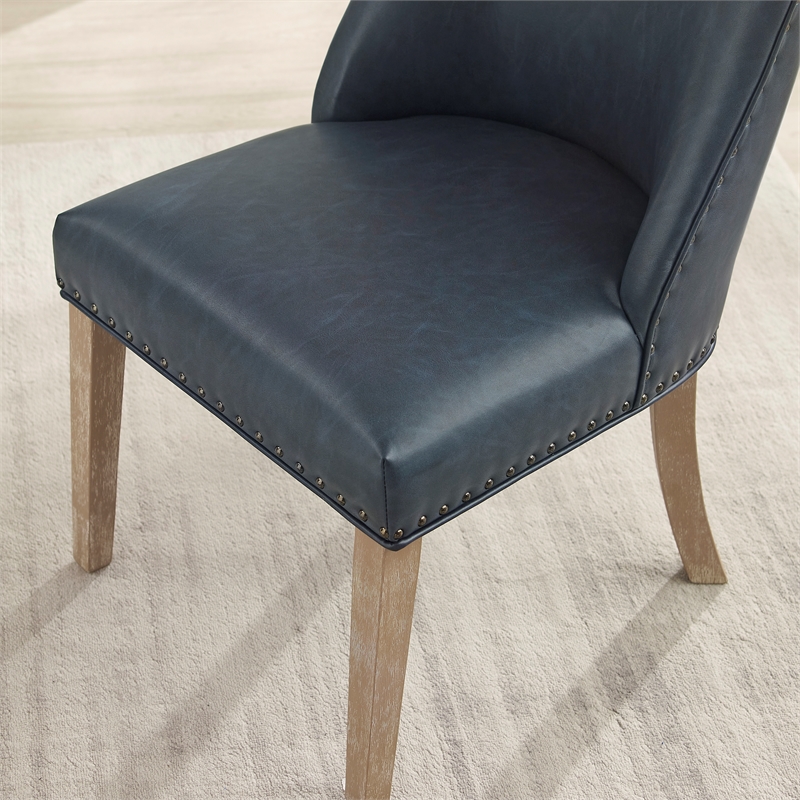 Linon Hale Set of 2 Navy Blue Faux Leather Dining Chairs with Natural Wood Legs
