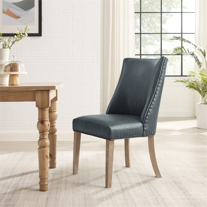 Linon Hale Set of 2 Navy Blue Faux Leather Dining Chairs with Natural Wood Legs