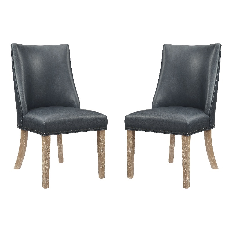 Linon Hale Set of 2 Navy Blue Faux Leather Dining Chairs with Natural Wood Legs