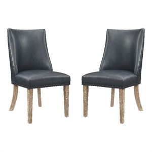 Linon Hale Set of 2 Navy Blue Faux Leather Dining Chairs with Natural Wood Legs