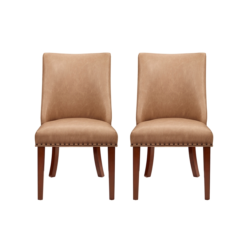 Linon Hale Set of 2 Tan Faux Leather Upholstered Dining Chairs Brown Wood Legs