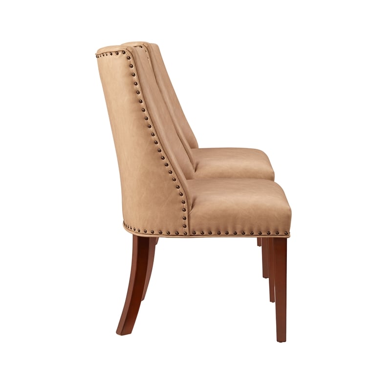 Linon Hale Set of 2 Tan Faux Leather Upholstered Dining Chairs Brown Wood Legs