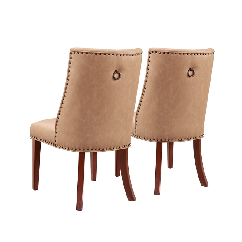 Linon Hale Set of 2 Tan Faux Leather Upholstered Dining Chairs Brown Wood Legs
