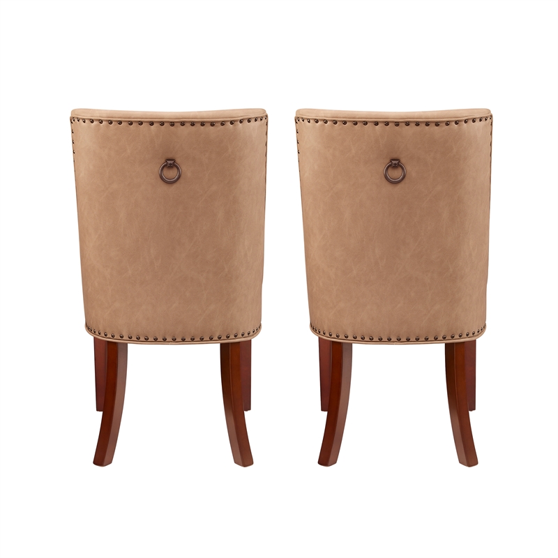 Linon Hale Set of 2 Tan Faux Leather Upholstered Dining Chairs Brown Wood Legs