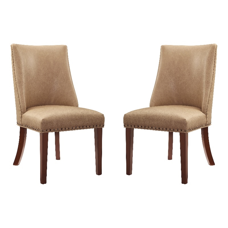 Linon Hale Set of 2 Tan Faux Leather Upholstered Dining Chairs Brown Wood Legs