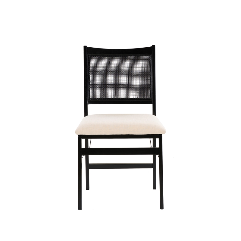Linon Memphis Folding Side Chair Woven Cane Back Beige Padded Seat in Black Wood