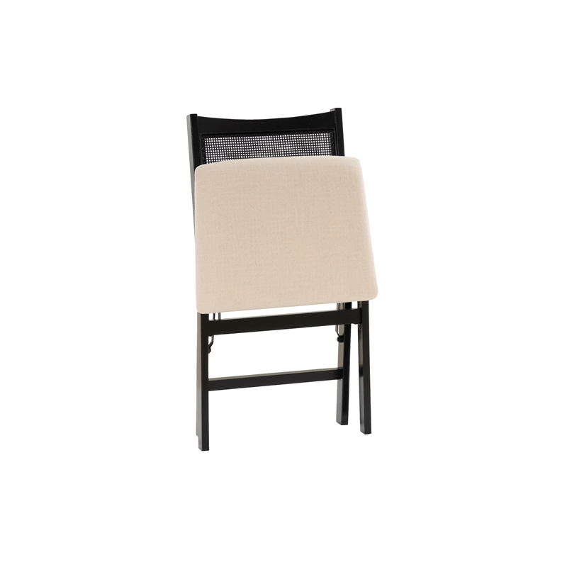 Linon Memphis Folding Side Chair Woven Cane Back Beige Padded Seat in Black Wood