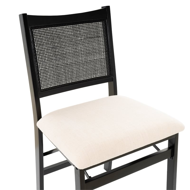 Linon Memphis Folding Side Chair Woven Cane Back Beige Padded Seat in Black Wood