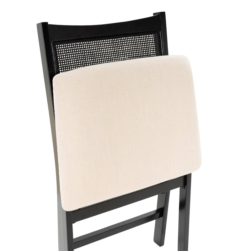 Linon Memphis Folding Side Chair Woven Cane Back Beige Padded Seat in Black Wood