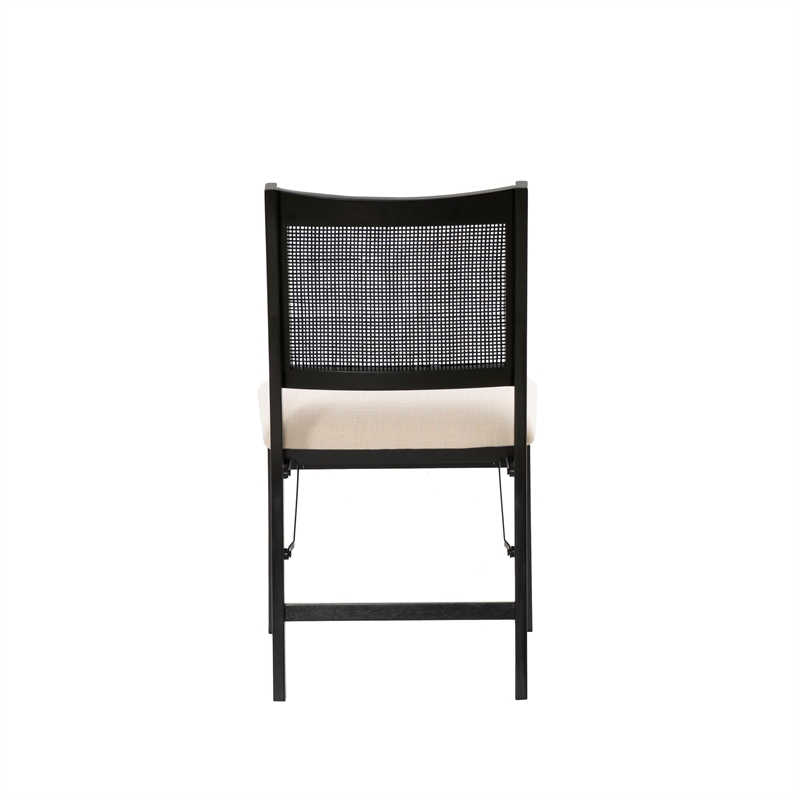 Linon Memphis Folding Side Chair Woven Cane Back Beige Padded Seat in Black Wood