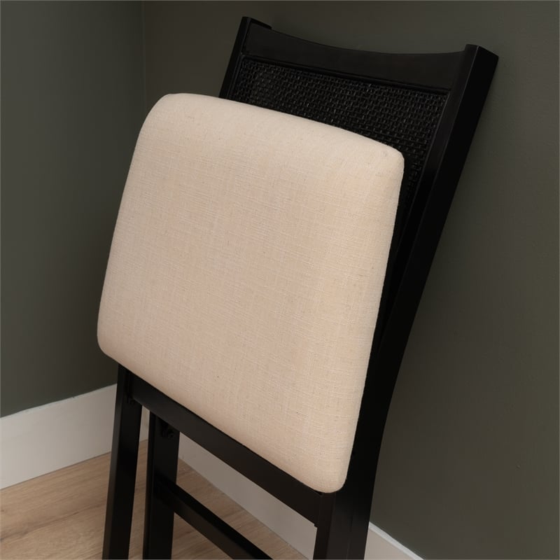 Linon Memphis Folding Side Chair Woven Cane Back Beige Padded Seat in Black Wood