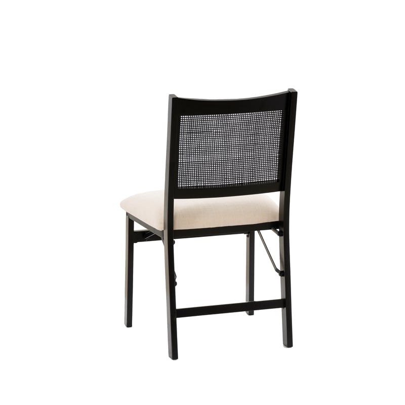 Linon Memphis Folding Side Chair Woven Cane Back Beige Padded Seat in Black Wood