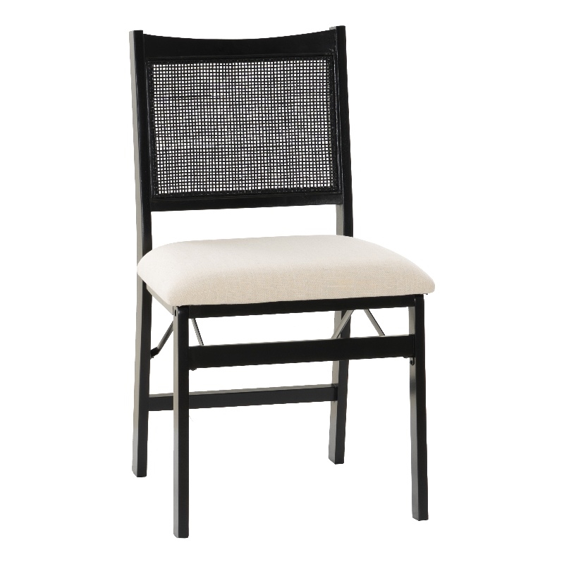 Linon Memphis Folding Side Chair Woven Cane Back Beige Padded Seat in Black Wood