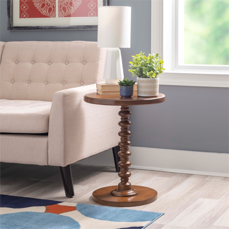 Linon Tara Round Spindle Side Table in Hazelnut Finished Rubberwood