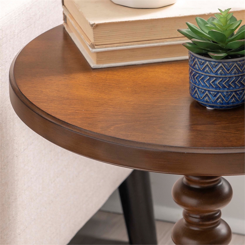 Linon Tara Round Spindle Side Table in Hazelnut Finished Rubberwood