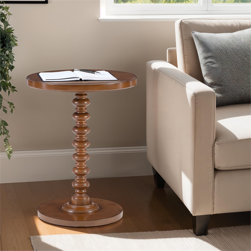 Linon Tara Round Spindle Side Table in Hazelnut Finished Rubberwood