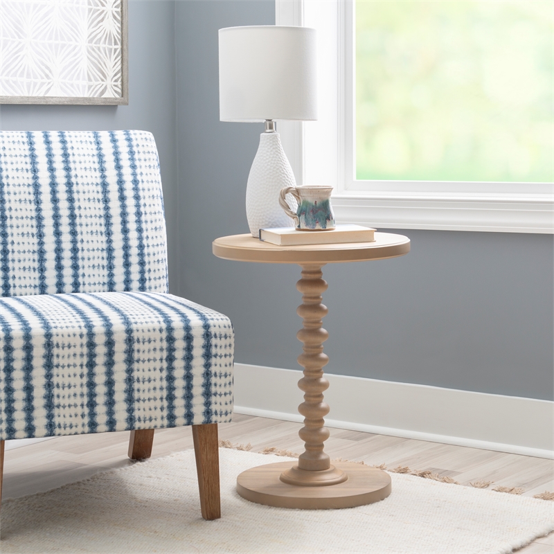 Linon Tara Round Spindle Side Table in Natural Finished Rubberwood