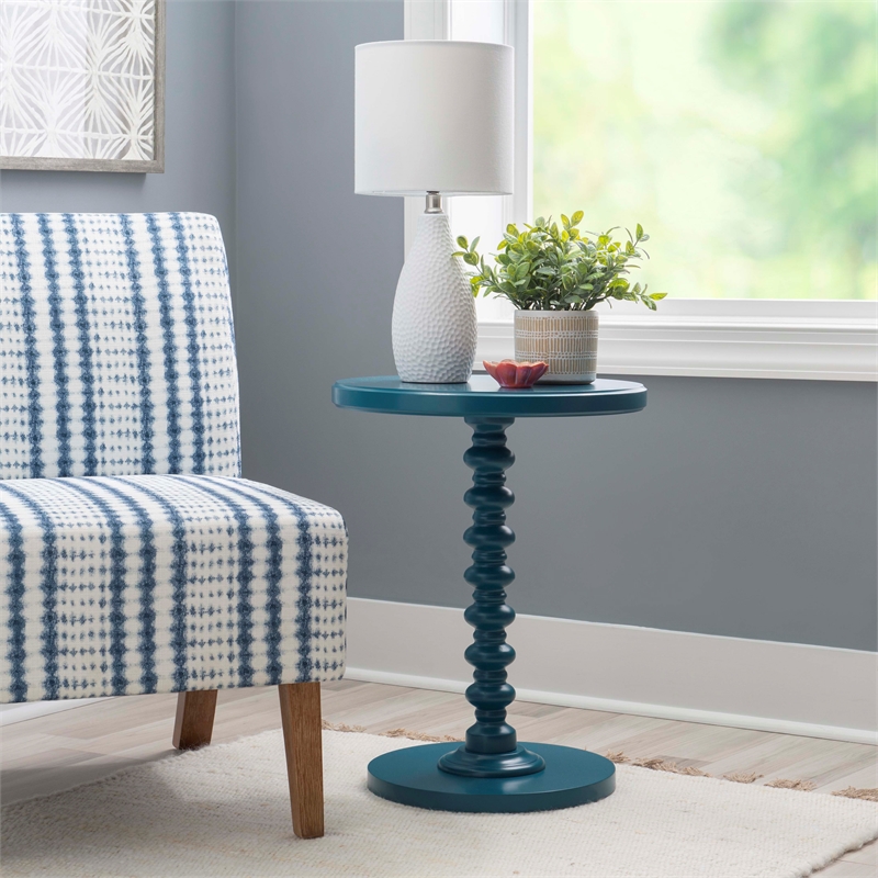 Linon Tara Round Spindle Side Table in Teal Blue Painted Rubberwood