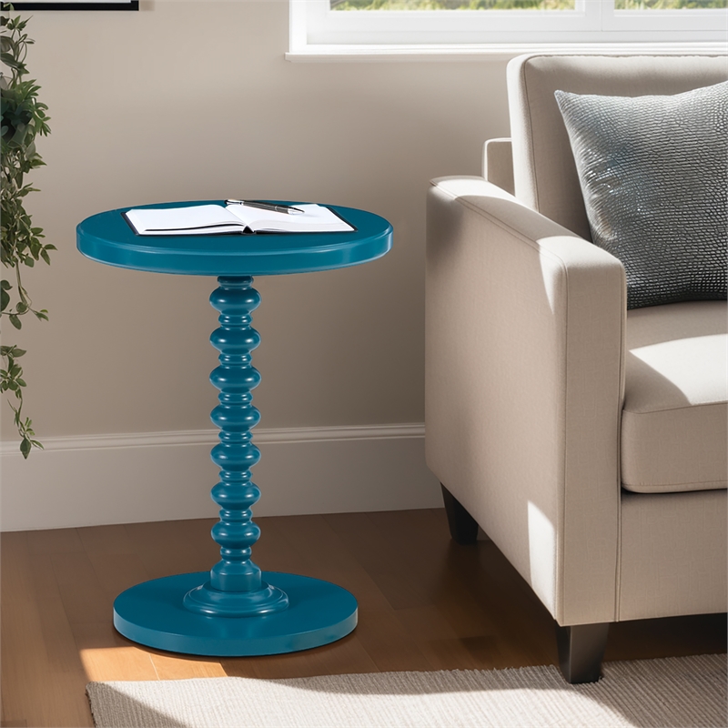 Linon Tara Round Spindle Side Table in Teal Blue Painted Rubberwood