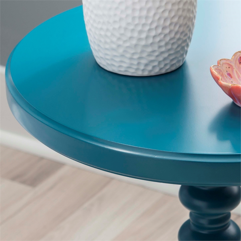 Linon Tara Round Spindle Side Table in Teal Blue Painted Rubberwood