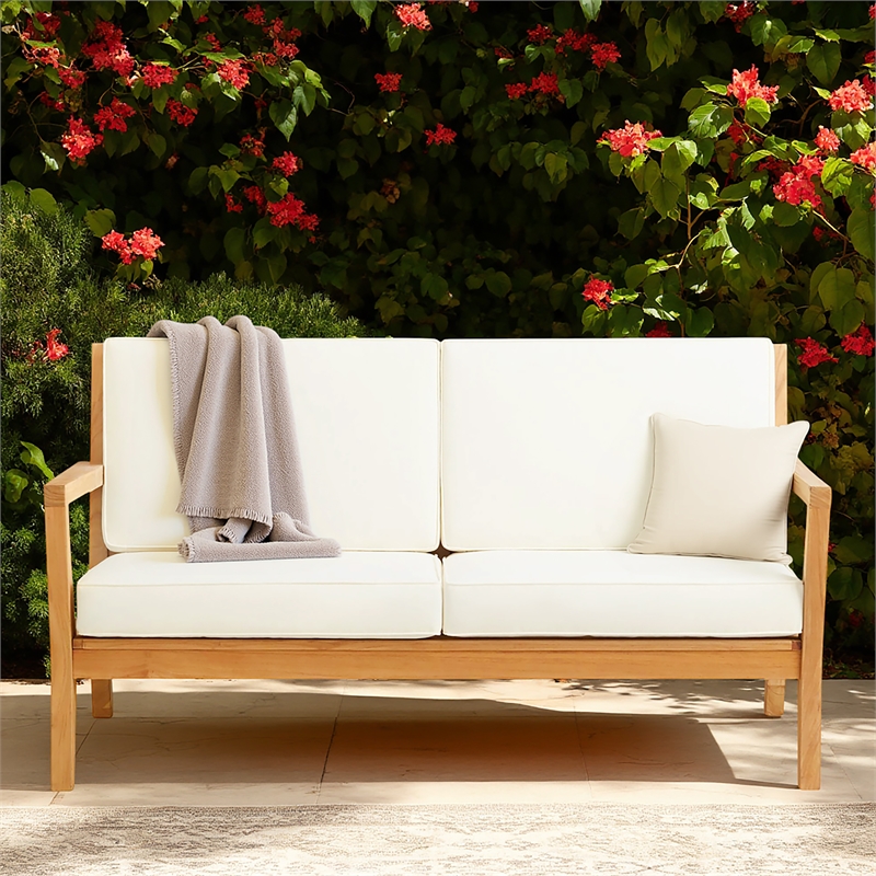 Linon Barlow Outdoor Solid Teak 2 Seat Sofa and UV Resistant Cushions in Natural