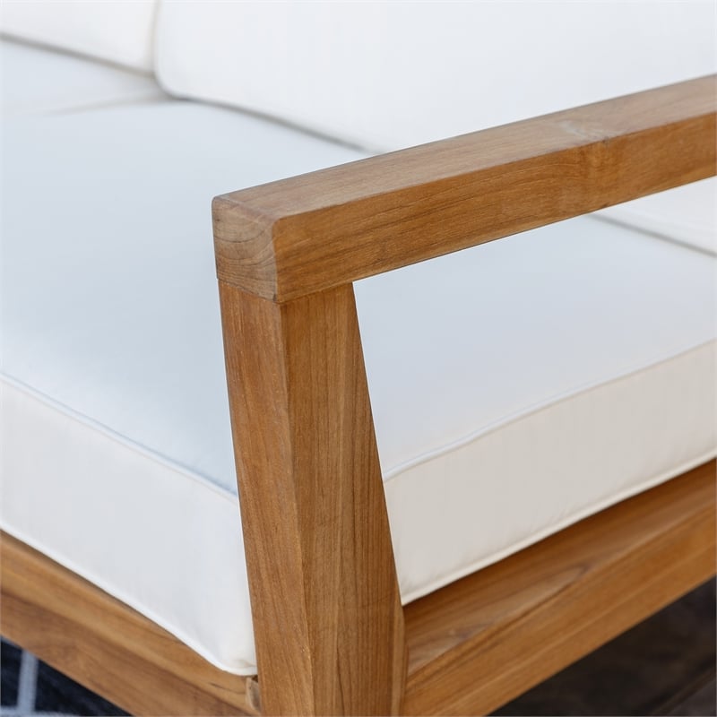 Linon Barlow Outdoor Solid Teak 2 Seat Sofa and UV Resistant Cushions in Natural