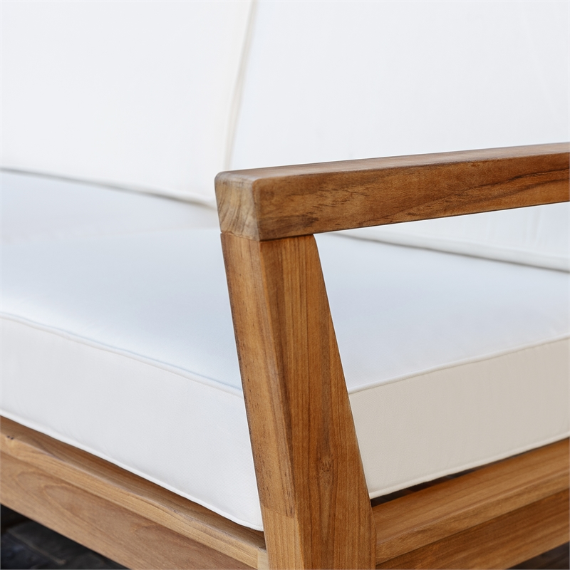 Linon Barlow Outdoor Solid Teak 2 Seat Sofa and UV Resistant Cushions in Natural